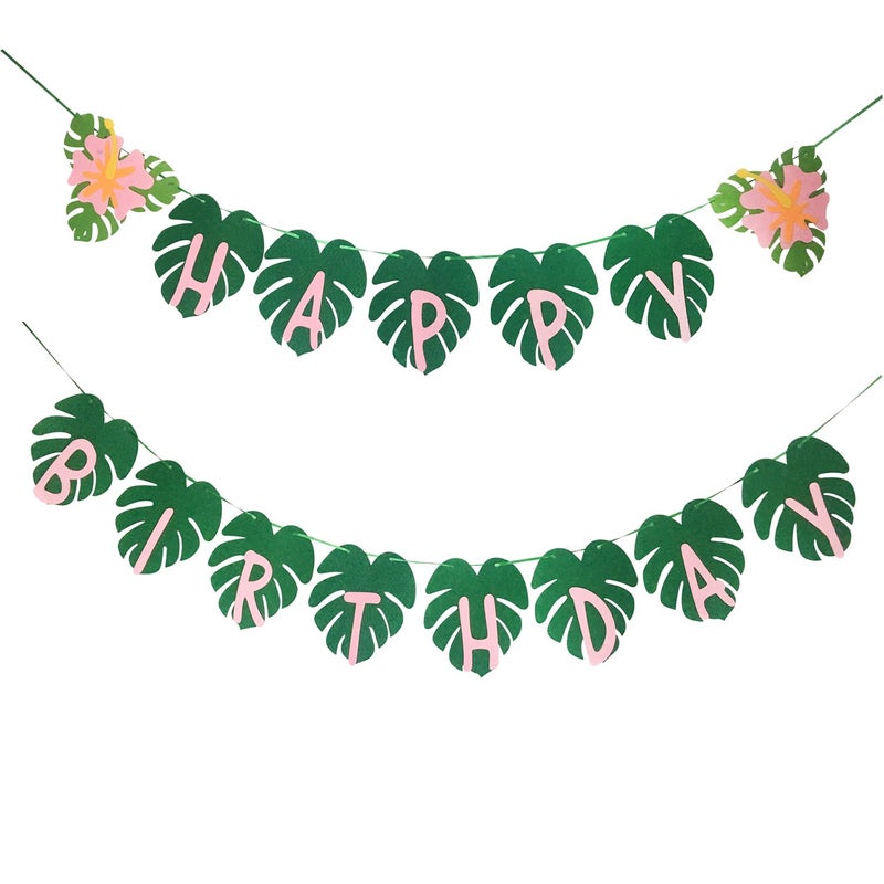 OU RUI Hawaiian Party Happy Birthday Banner for Tropical Luau Party Palm Leaf Decorations - Image 1
